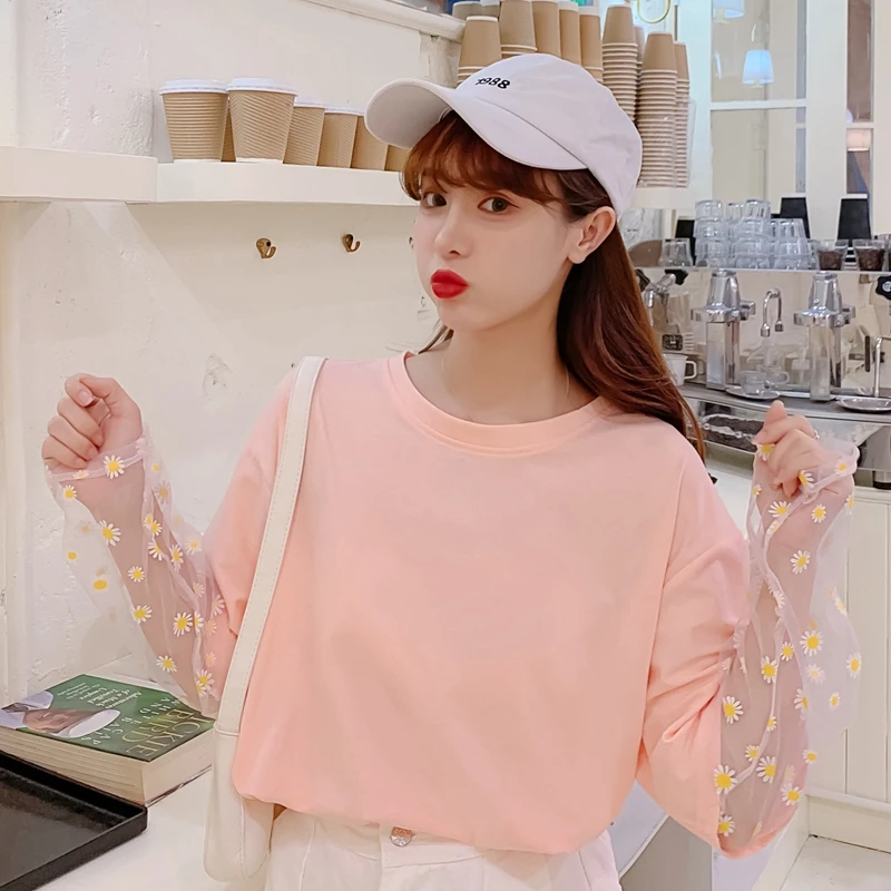 Футболка женская хлопковая, с длинным рукавом и прозрачной сеткой, весна-лето, сексуальные короткие топы