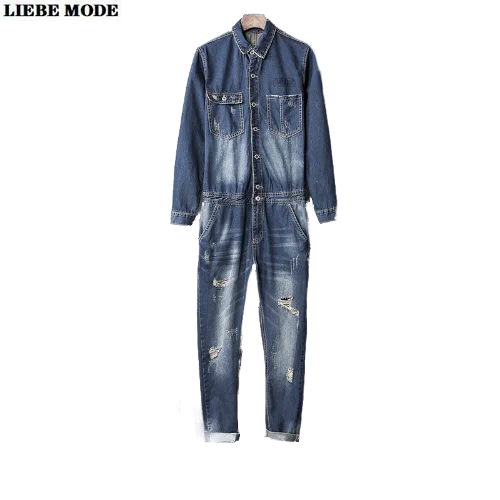 2020 Long Sleeve Ripped Jeans Jumpsuit for Men Work Wear Denim Bib Overall Mens Vintage Romper Male Retro One Piece Jumpsuits