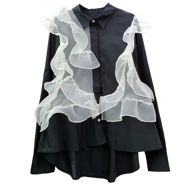 Harajuku Style noir chemise femmes nouveau décontracté couleur contrastée irrégulière maille ébouriffé revers hauts lâche Blusas Mujer 2021