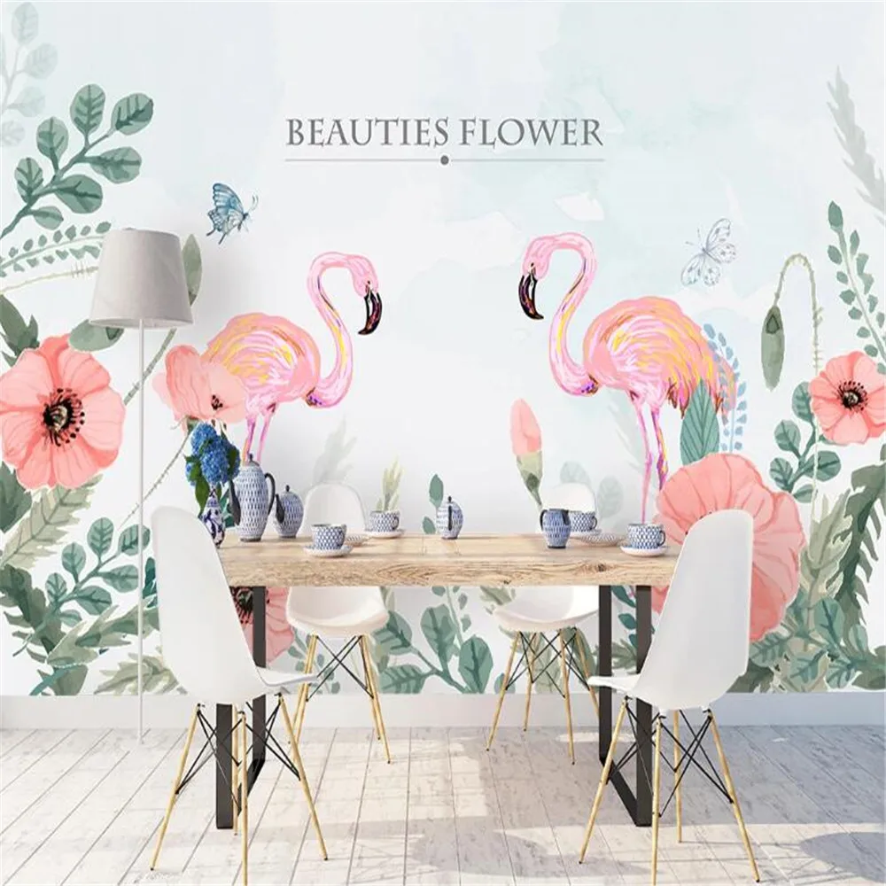 

milofi custom wallpaper mural 3D hand-painted Nordic poppies flamingo sofa TV background wall