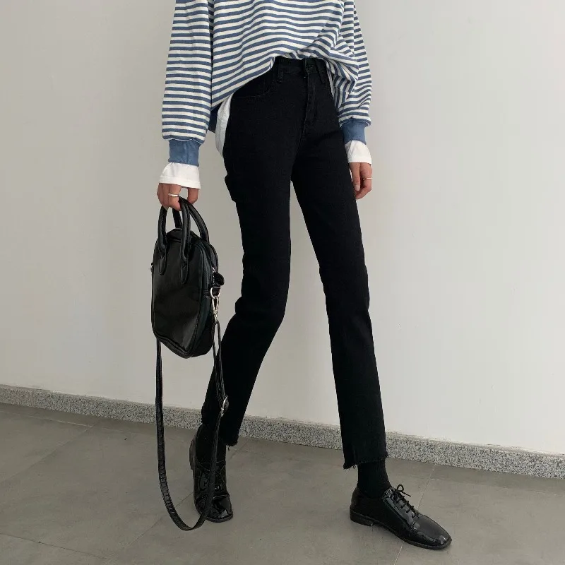 

High waisted jeans women show thin and high autumn 2020 fashionable pants retro slim fit straight tube Capris trend