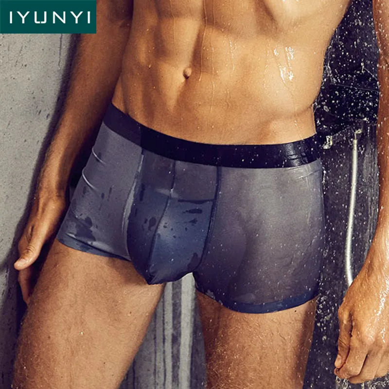 IYUNYI трусы боксеры из Ice Silk шорты сексуальное нижнее белье прозрачное с бантами
