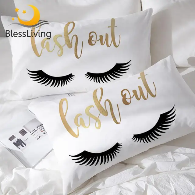 BlessLiving Eyelash Decorative Pillow Case Gold Black Cute Eyes Pillowcase Funny Pillow Cover for Fashion Girls Pillow Protector 1