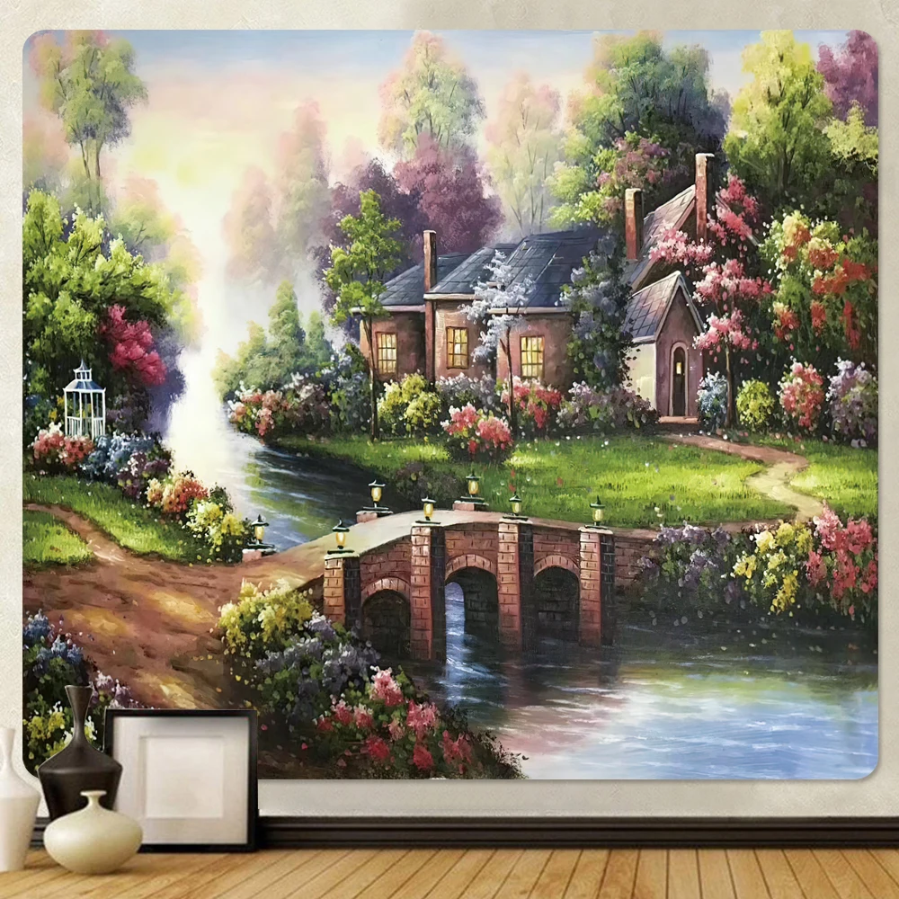 

Fairy tale forest castle oil painting psychedelic scene home decoration tapestry bohemian wall hanging background wall