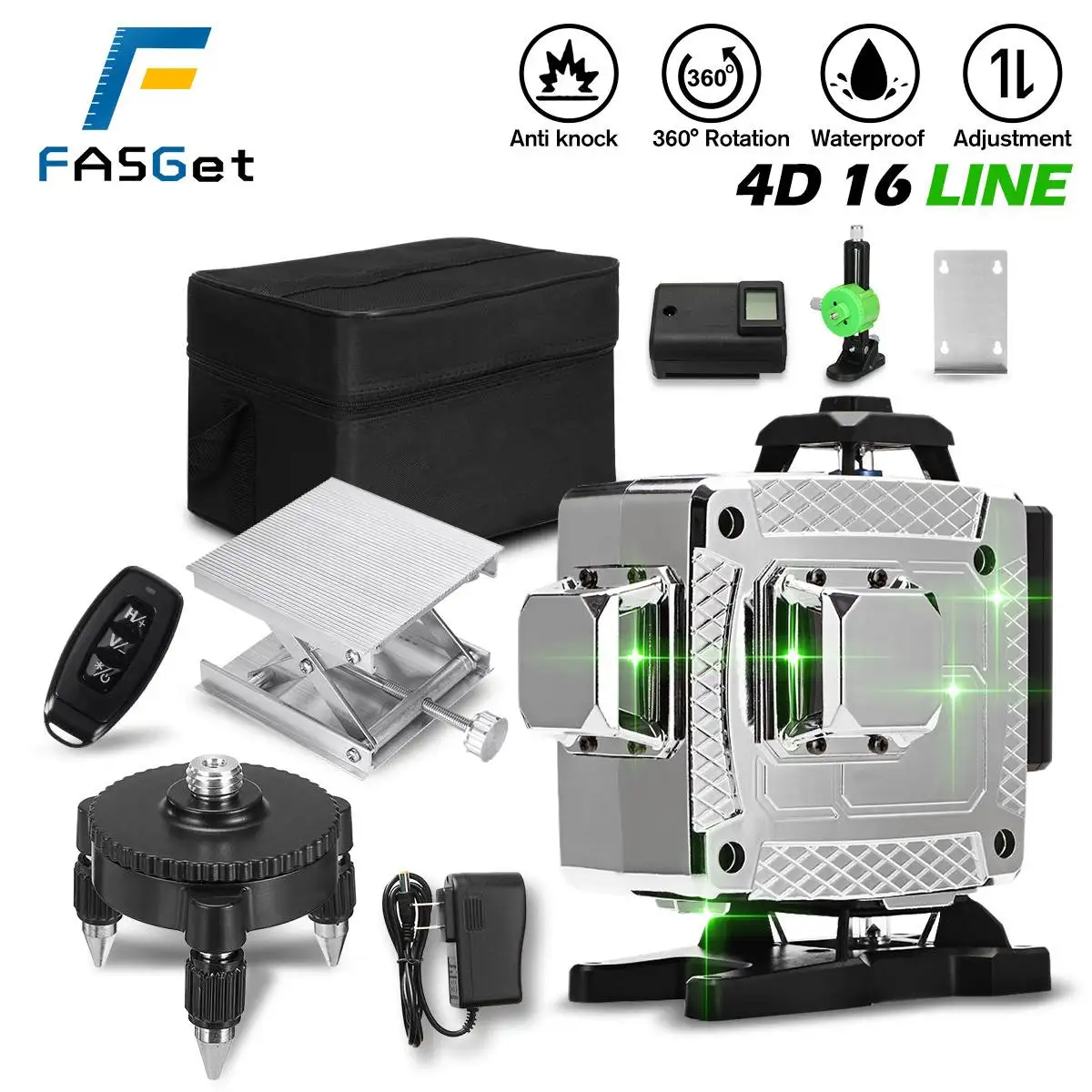 

FASGet 16 Line Laser Level Green Line 4D Self-Leveling 360 Horizontal Line Sinker Measure Super Powerful Laser Beam w/ 2XBattery