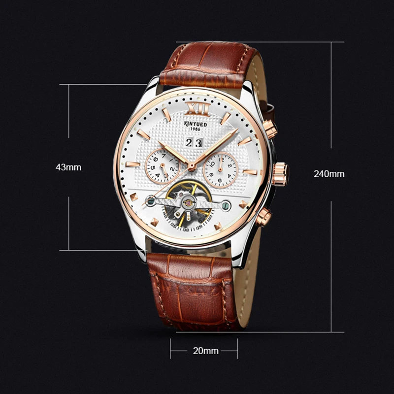 Новые KINYUED швейцарские автоматические Tourbillon механические часы многофункциональные водонепроницаемые светящиеся кожаные мужские автоматические часы
