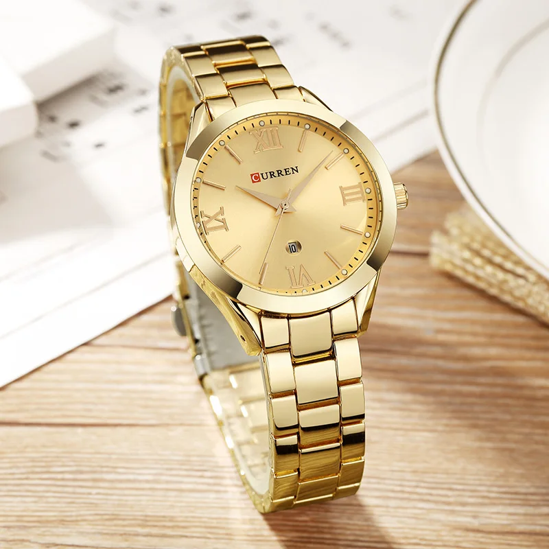 curren new fashion top brand womens watches stainless steel gold clock hot selling ladies quartz elegant wristwatch free global shipping