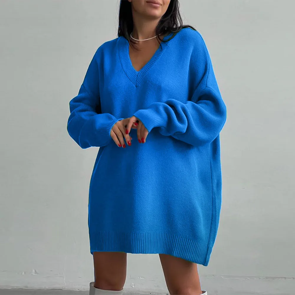 

Blue Knitted V-Neck Oversized Sweaters Women Casual Loose Long Sleeve Warm Pullover Sweater Green Clothes Autumn Winter