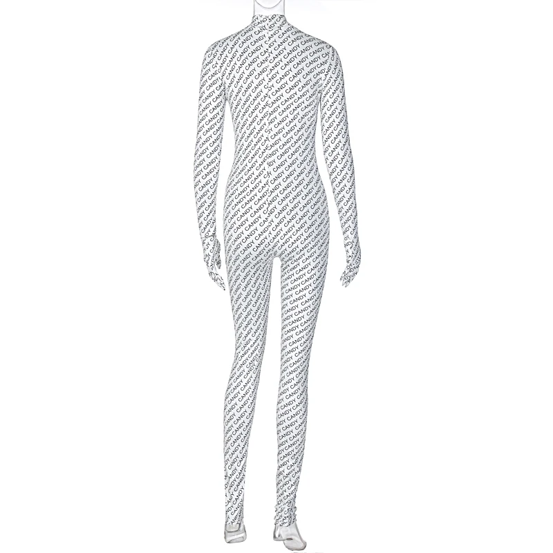 

Zoctuo Letters Print Rompers And Jumpsuits For Women Turtleneck Sexy Jumpsuit Autumn Long Sleeve With Gloves Fashion Romper