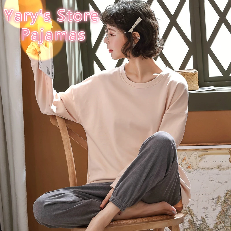 

Women Pajamas New Style Autumn Cotton Long-sleeved Knit Cotton Sets Loose Solid Color Round Neck Casual Soft High-end Home Wear