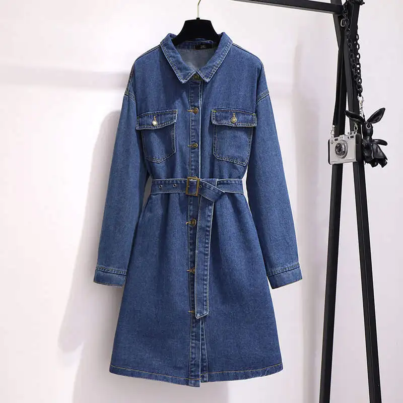 

5XL 6XL Plus Size Single-Breasted Denim Dresses For Women Spring Long Sleeve Ladies Jeans Dress With Belt Long Party Dress C6903