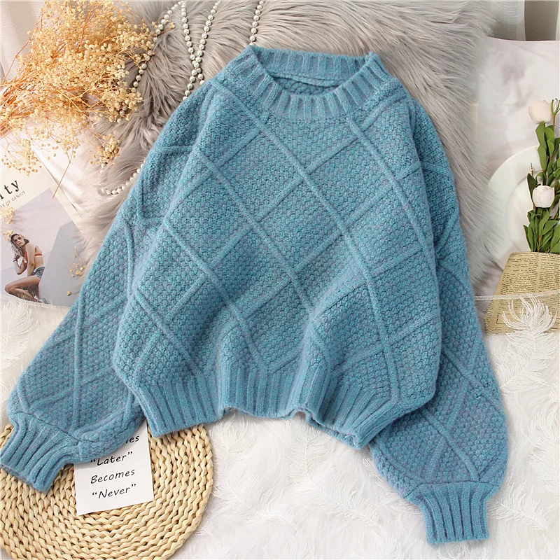 

SONG YI O Neck Crop Sweater Women's Pullover Loose 2021 Autumn Winter New Knitted Top Lazy Wind Short Sweater Top J101