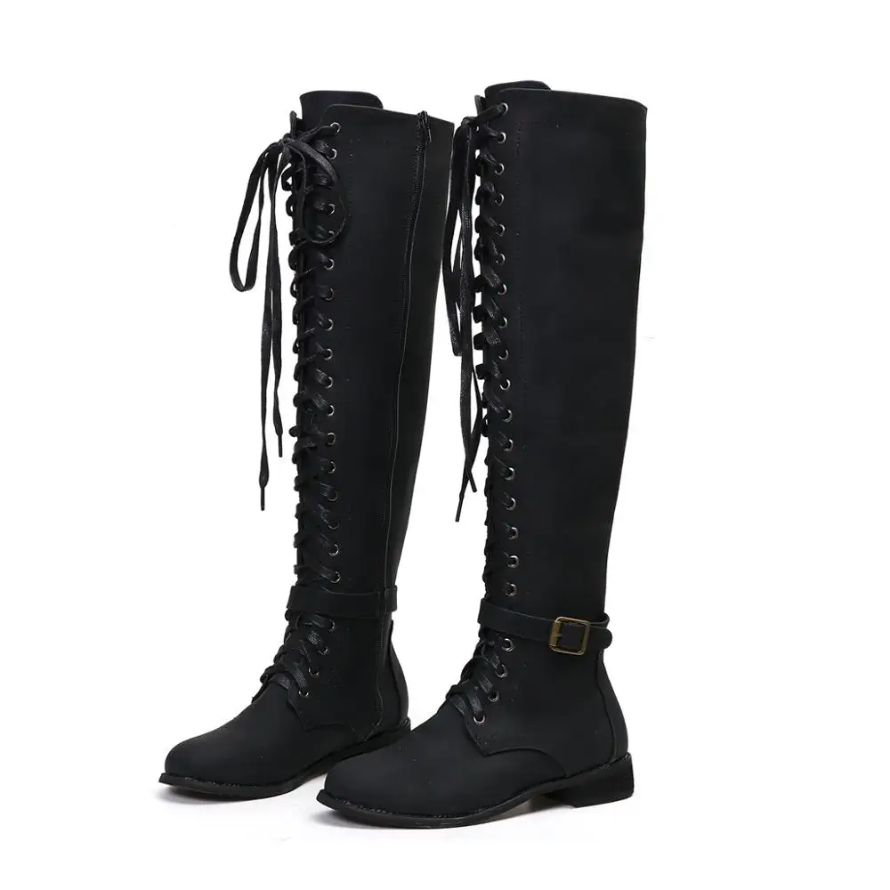 Zapatos mujer/зимние сапоги до колена; женские сапоги для верховой езды из искусственной кожи на среднем каблуке; женская Винтажная обувь с пряжкой и бахромой; chaussures femme - Цвет: Черный
