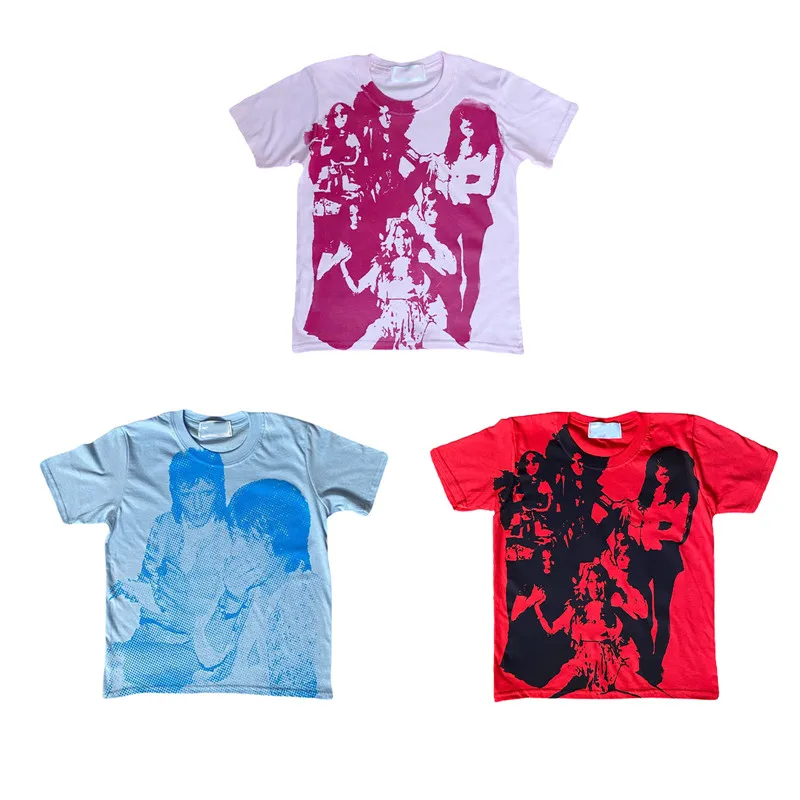 

Women Y2k Short Sleeve Round Neck T-Shirts Summer E-Girl Crop Top Face Portrait Printing Tank Top Tees Graphic Print Slim Shirt