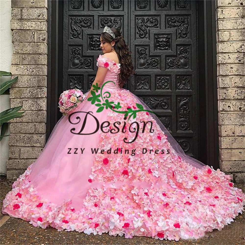 

Exqusite Pink Tulle And Satin Flowers Appliqued Off The Shoulder Ball Gown Beading Custom-Made Court Train Quinceanera Dresses