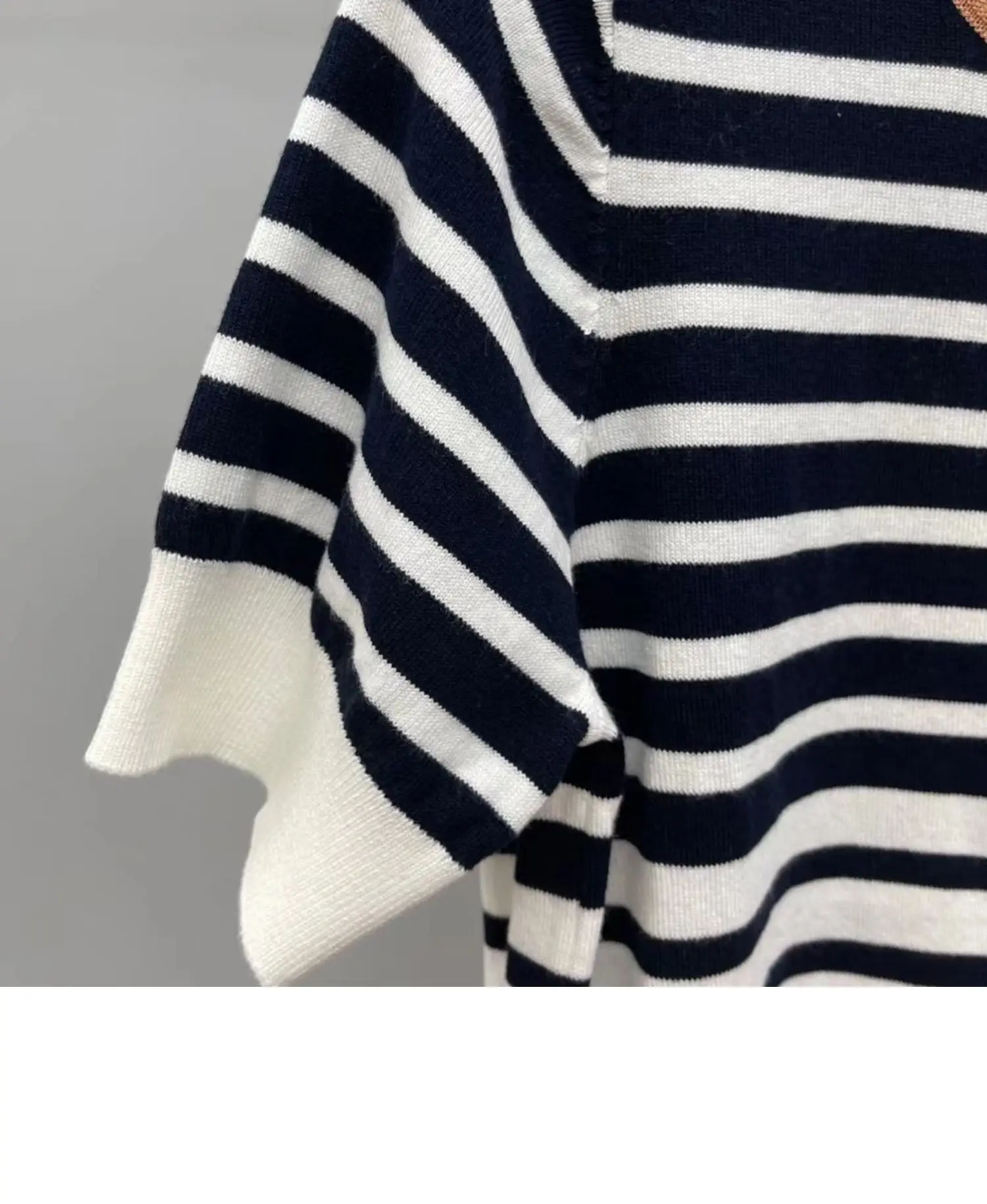 

Brand Fashion Women Luxury Summer Vintage Striped Casual Knitted Cotton Short-Sleeved T-Shirt Tees Top