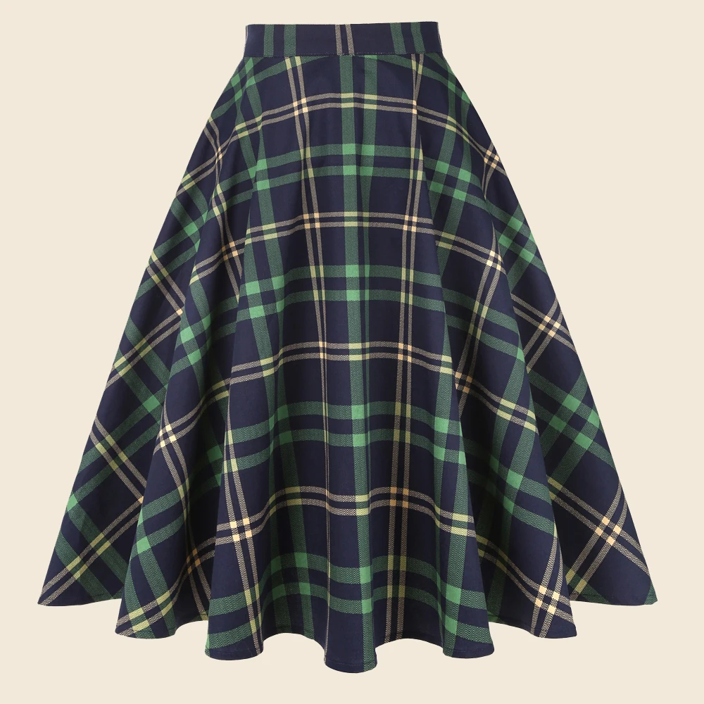 

SISHION Summer High Waist Plaid Skirts Women Ladies Swing Vintage 50s Cotton Long Midi Green Skirt Jupe Femme SS0006