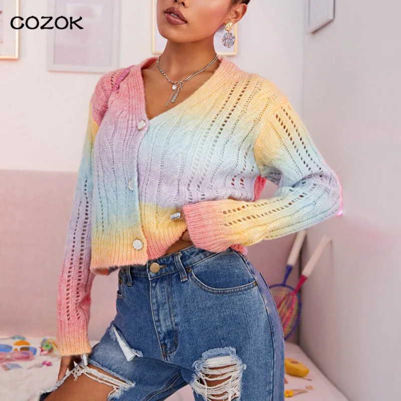 

2021 Spring And Autumn Women V Neck Gradient Tie Dye Hollow Sweaters Cardigan Fashion Female Single Breasted Long Sleeve Tops