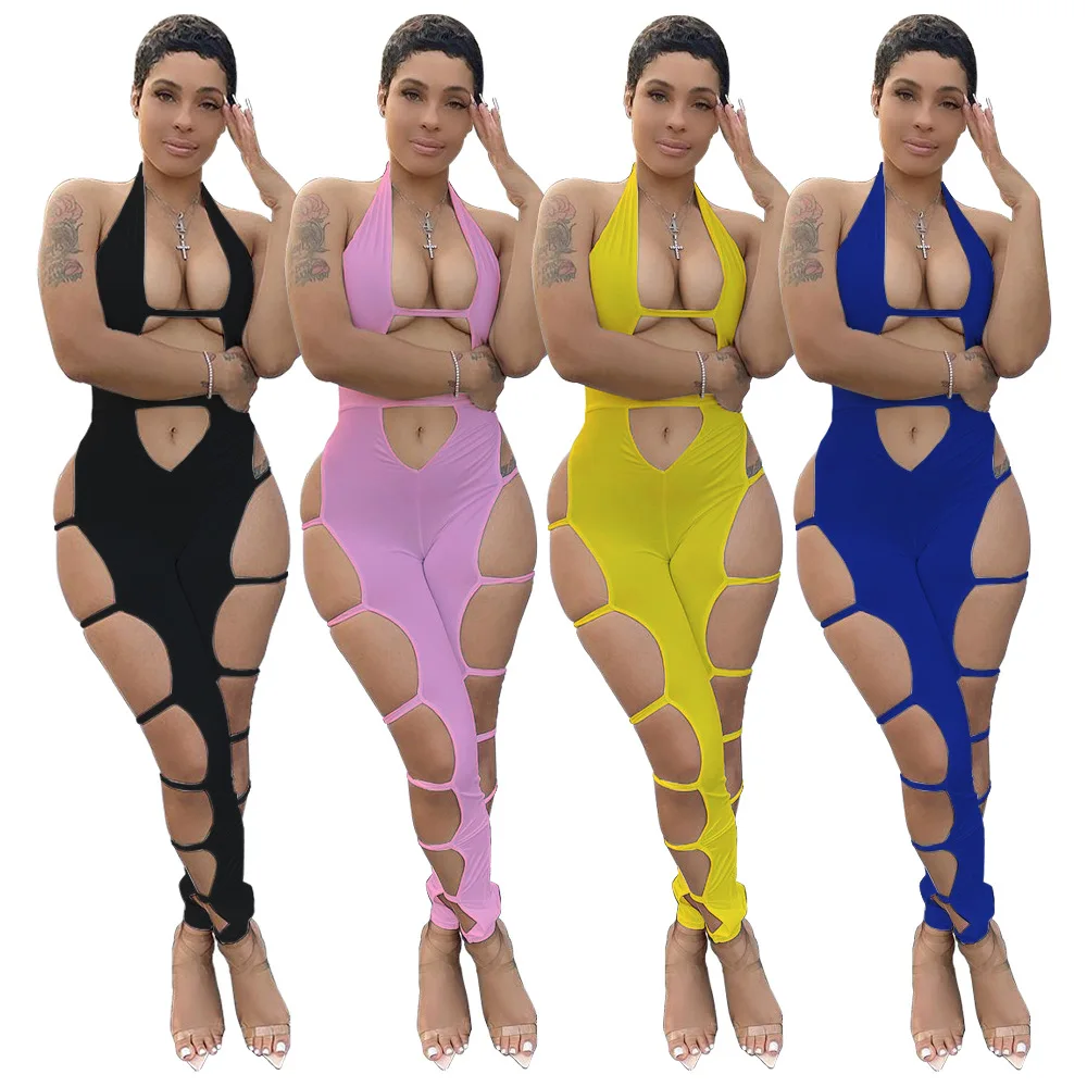 

Fashionable Sexy Nightclub Style Women's Clothing Wholesale Bandage Hollow Halter Open Back Solid Color Tight Fitting Jumpsuit