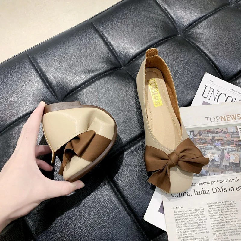 

Elegant Women's Leather Shoes Comfort Female Footwear Soft Casual Sneaker Square Toe Bow-Knot Comfortable Dress Summer Moccasin