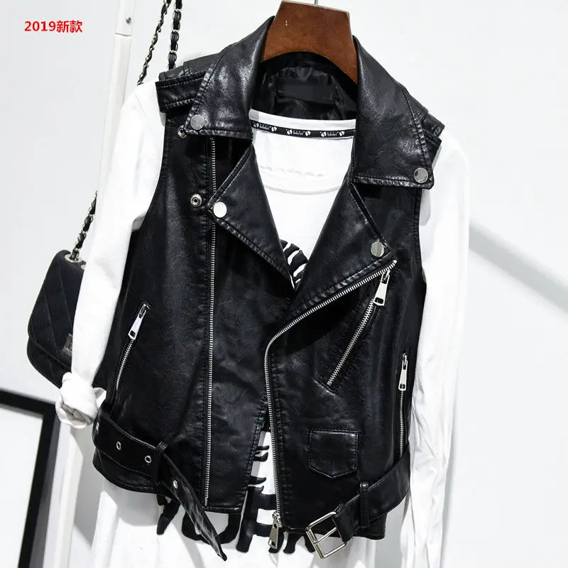 

2022 Black Sleeveless Pu Leather Jackets Winter Jacket Women Belt Vest Motorcycle Jacket Waistcoat Vest 4XL Y185