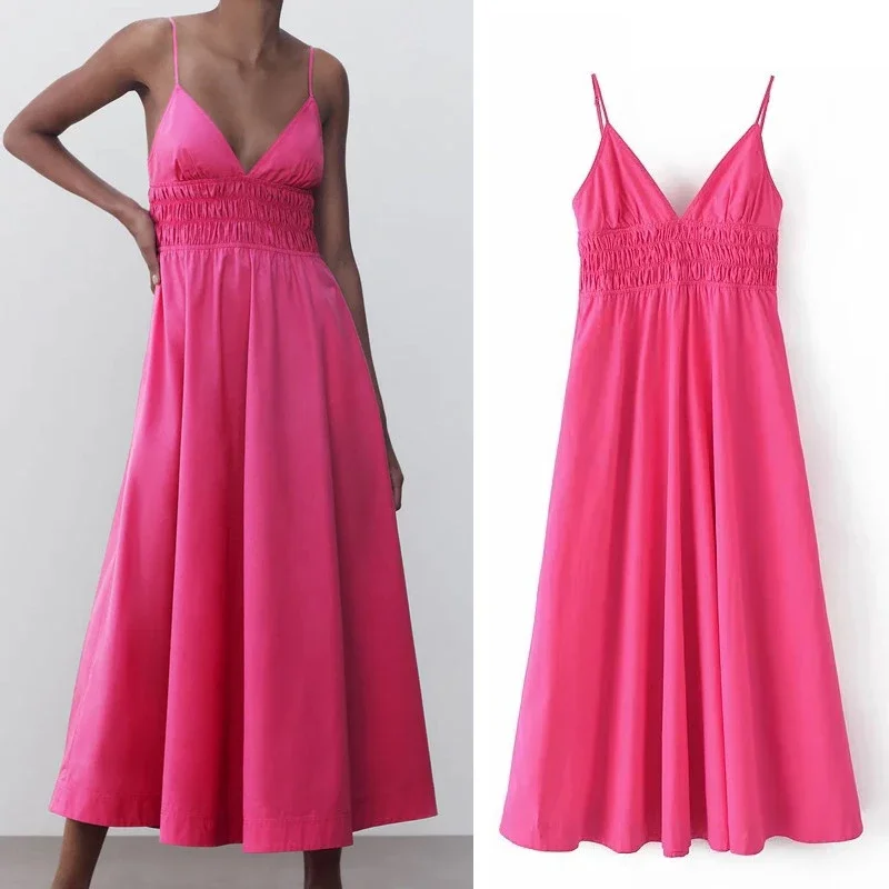 Женское длинное платье-комбинация розово-красное летнее платье на бретелях без