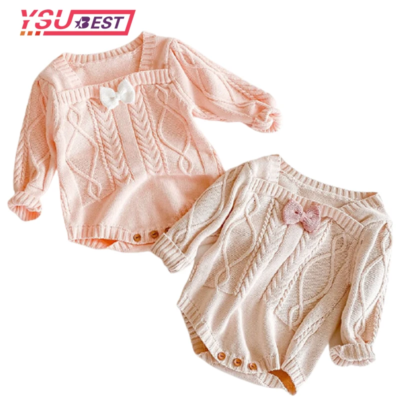 

2021 Spring New Infants Clothes Knitted Twist Bow Newborn Baby Girl Bodysuits Long Sleeve Solid Color Toddlers Kids Jumpsuits