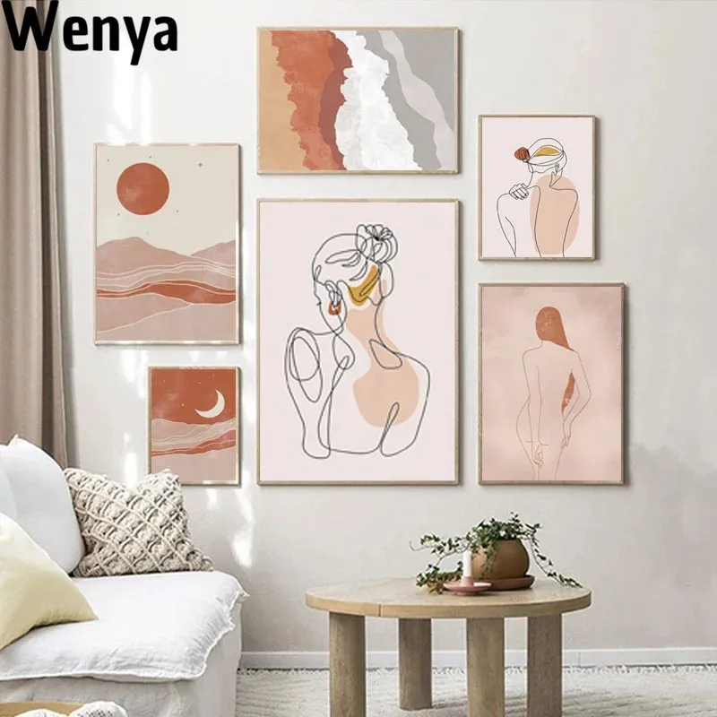 

Abstract Boho Art Vintage Poster Moon Sun Sexy Woman Modern Print Minimal Landscape Wall Painting Picture Living Room Decoration