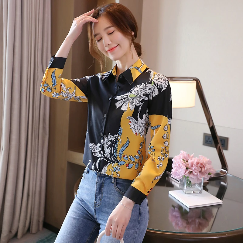 

Houthion Women's Blouses New Fashion Long Sleeve Commuter Flower Buttons Shirt Spring Summer Lady