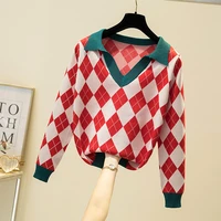 plaid womens sweater korean style polo collar sweaters female 2021 spring pullover women long sleeve knitted sweater ladies tops