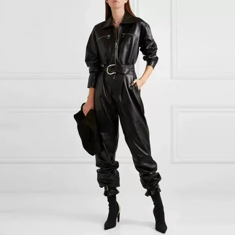Повседневный женский комбинезон из искусственной кожи с воротником лацканами и