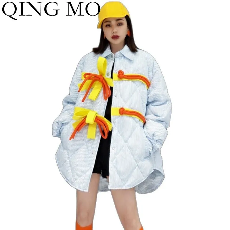 

QING MO 2021 Autumn Winter New Thick Lapel Single Breasted Cotton Jacket Women Fashion Stitching Large Size Female Coat ZWL1860