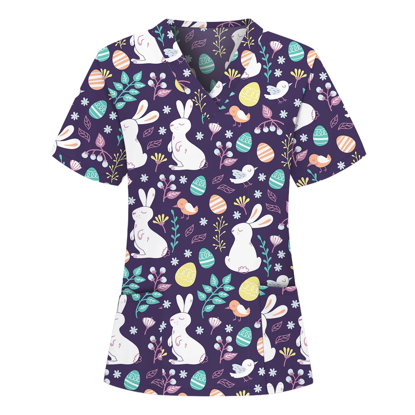 

Workwear Women Blouse Short Sleeve V-neck Cartoon Pattern Tops Pocket Nursing Working Uniform T-shirts Breathable Uniform