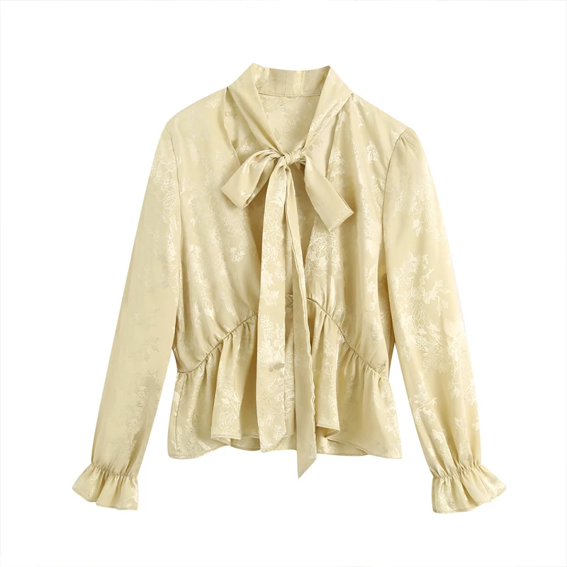 Sexy Floral Jacquard Women blouse With bow 2020 Autumn Spring Flare sleeve Female Loose shirt tops Ladies wear Chic YNZZU YT909 | Женская