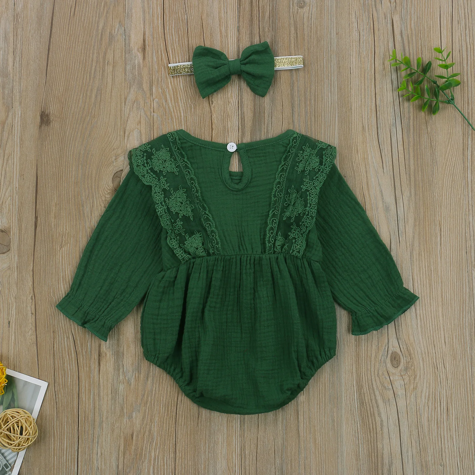 

Newborn Baby Girls Boys Bodysuits Solid Ruffles Long Sleeve Button Jumpsuits Playsuit+Headband 2Pcs Outfits Clothes 0-24 Months