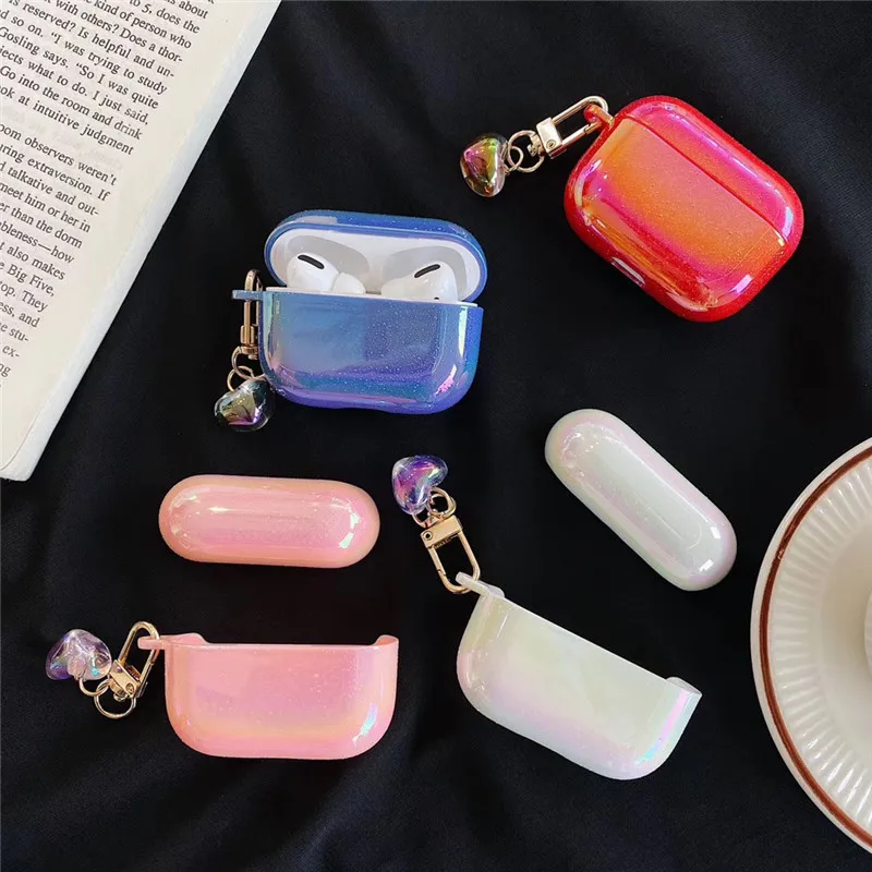 Чехол для наушников airpods pro жесткий 3D чехол с жемчужинами в форме сердца радужной