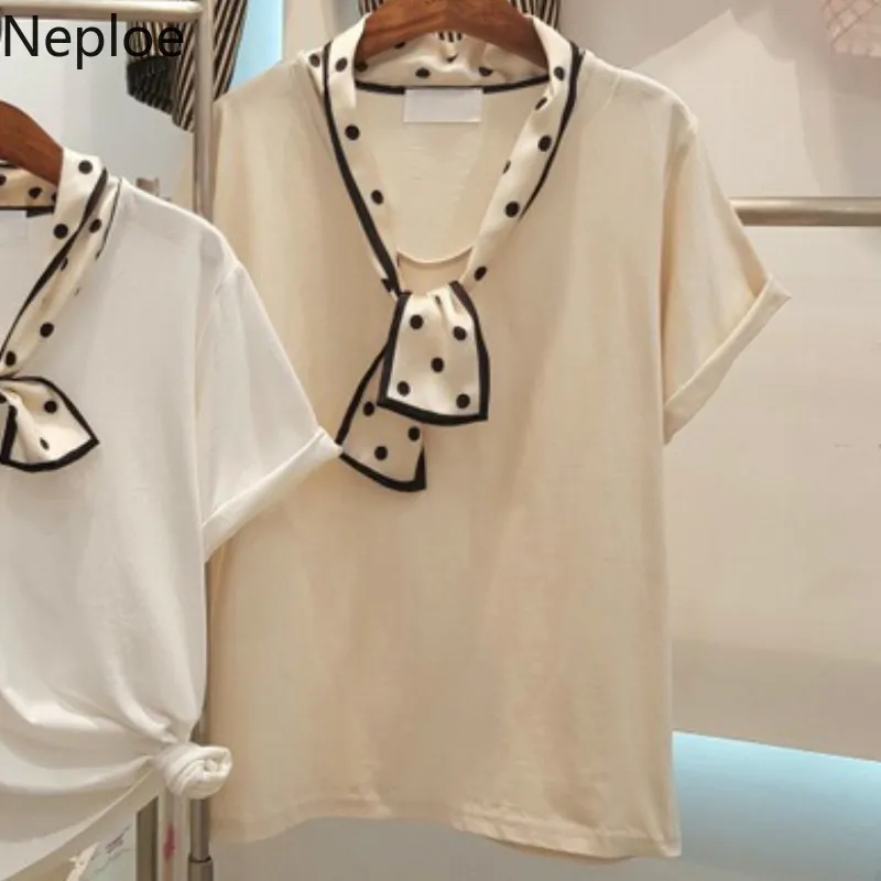 Neploe футболка в горошек с бантом на воротнике Женская Повседневная Однотонная