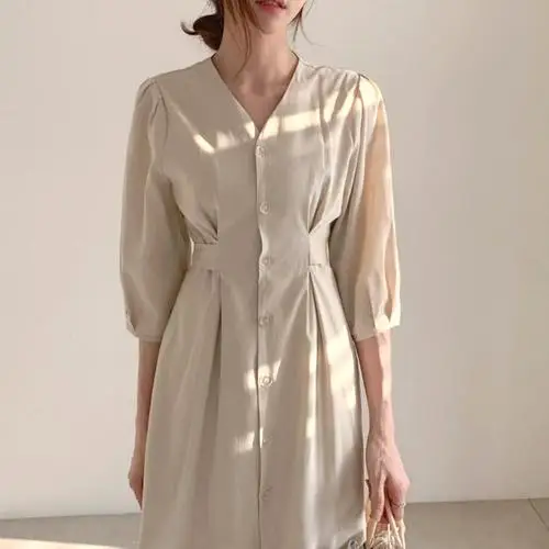 

Korean Loose Casual Summer Dress V Neck Single Breasted Brief Dresses Vintage Fashion Puff Sleeve High Waist Vestidos