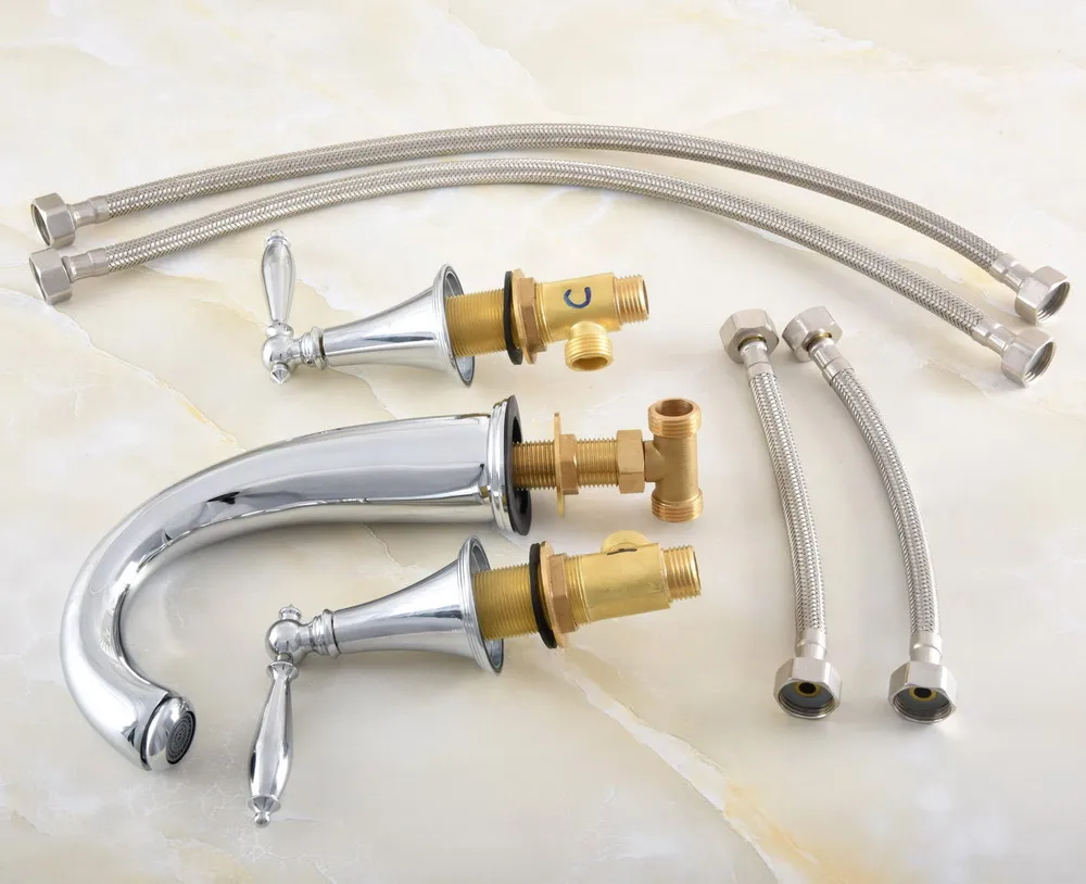 

3 Hole Polished Chrome Deck Mounted Bathroom Mixer Tap Bath Basin Sink Vanity Faucet Water Tap Bath Faucets Nnf547