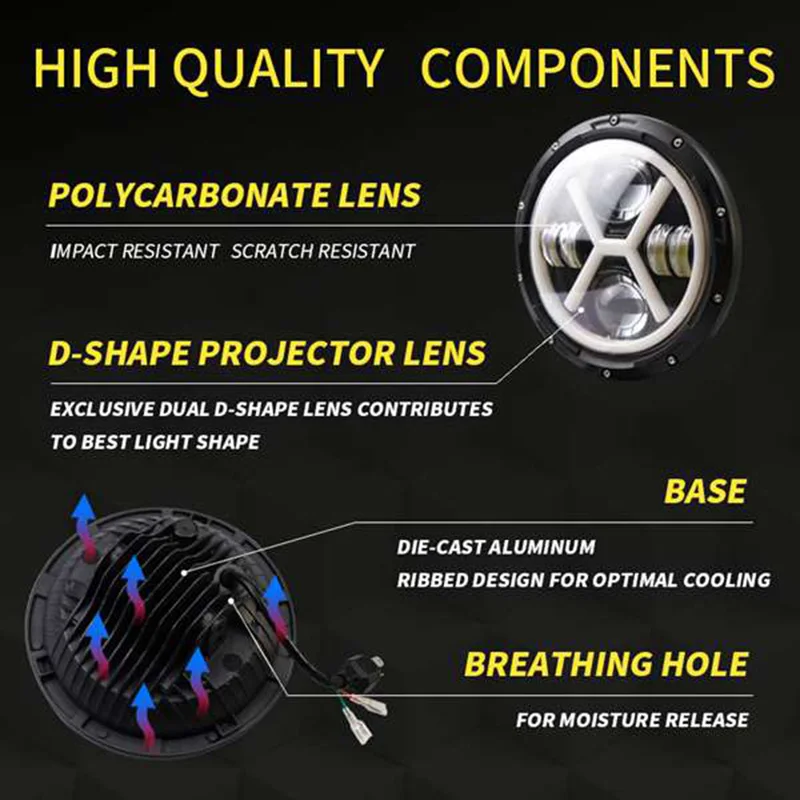 

500W 7 Inch Round Angel Eye LED Headlight 30000LM with Hi/Lo Beam DRL Amber Halo Ring for JEEP Wrangler JK TJ LJ,2Pcs