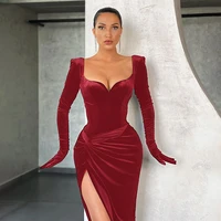 solid velvet high slit bodycon dress woman v neck with gloves club party midi dress for women clothing 2021 autumn outfits
