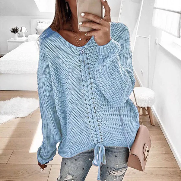 

European and American Women's Loose V-neck Pull Rope Back Pullover Knitted