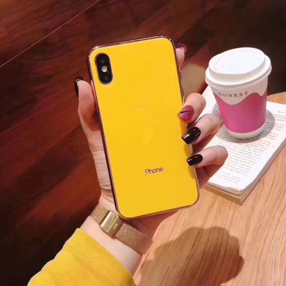 Yellow Роскошный чехол из закаленного стекла для телефона для iPhone 6 6s 7 8 Plus Ultra Slim покрытие Глянцевая черный, красный для iPhone x xs xr max чехол Крышка - Цвет: Yellow