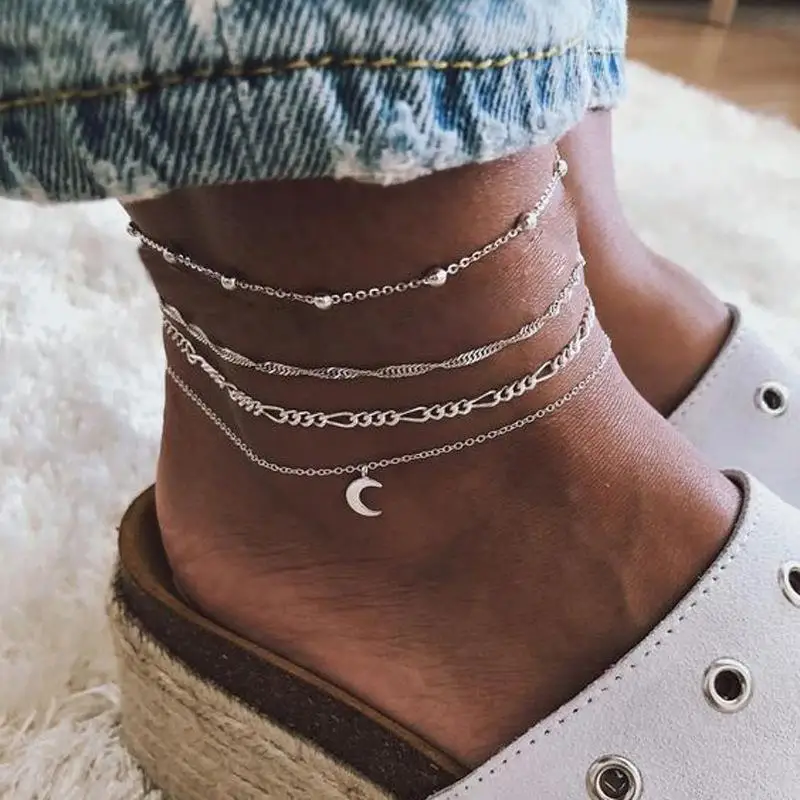 

4pcs/Set Silver Color Simple Chain Anklets For Women Beach Foot Jewelry Leg Chain Multi-Layer Ankle Bracelets Women Accessories