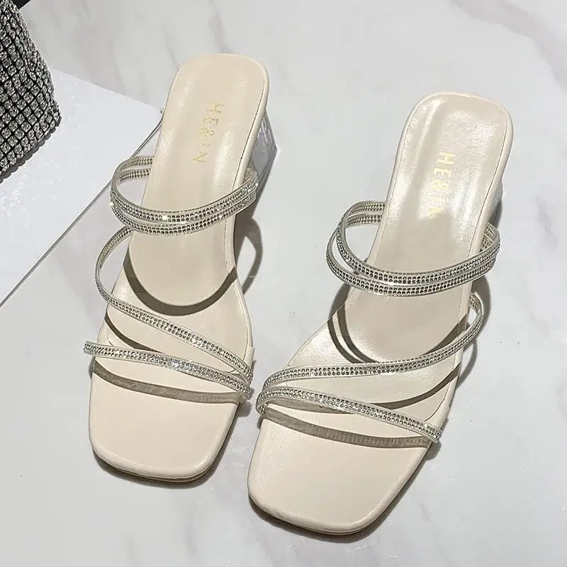 

LLOGAI Summer Crystal Slipper Women's Style Fashion All Match Chunky Heel Large Size 35-44 Zapatillas Mujer Casa Sapato Feminino