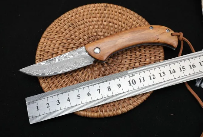 

EDC Knives Damascus Blade Wooden Handle Outdoor Camp Daily Carry Foldable Utility Knife Mini Folding Knife With Leather Case