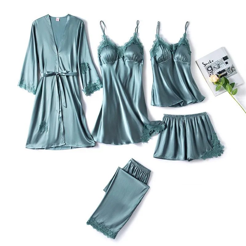 

Spring Summer Lace Pajamas Set Blue Satin 5PCS Sleepwear Women Silky Sleep Set Elastic Waist Pijamas Suit Femme Home Clothes