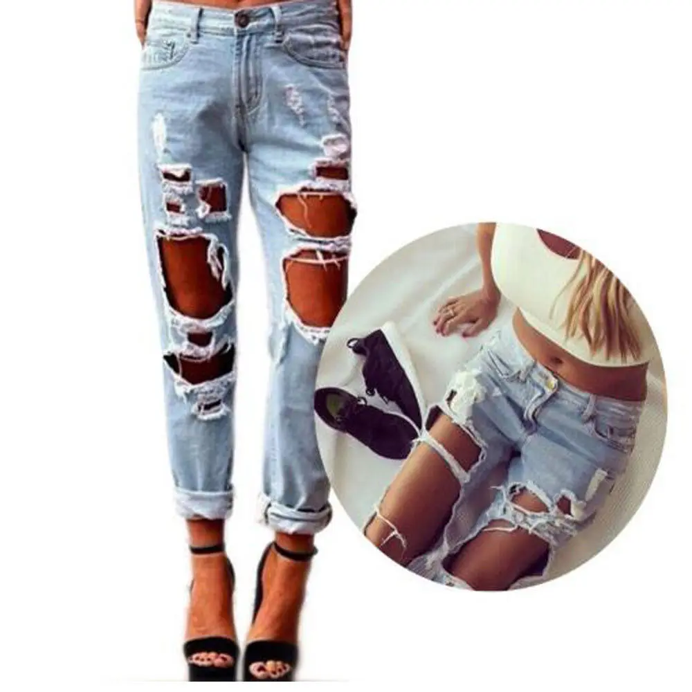 

Vogue Pop Women Sexy Destroyed Ripped Distressed Slim Hole Pants Boyfriend Jeans Trousers Hollow Out Deans Pant