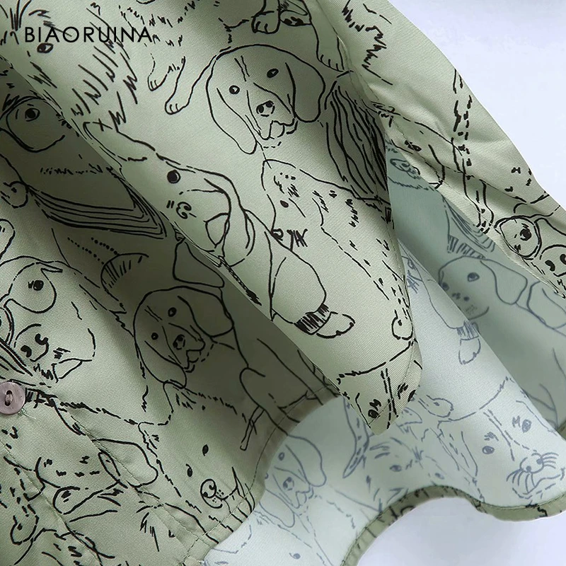 

BIAORUINA Women's Dog Printing Green Oversized Single Breasted Casual Long Shirt Turn-down Collar Female Loose Fashion Blouse
