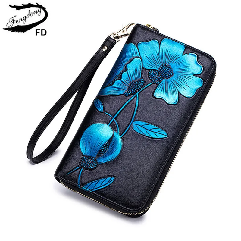blue Fengdong, женский кожаный кошелек, цветок, сумка для телефона, винтажный кошелек с цветами, подарки для девочек, на молнии, длинный rfid кошелек, Женский держатель для карт - Цвет: blue